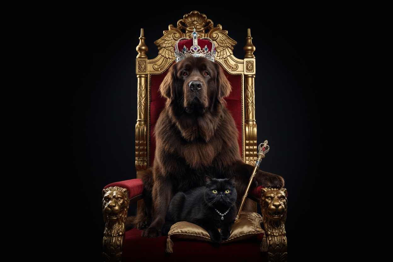 Chien et chat sur trône doré