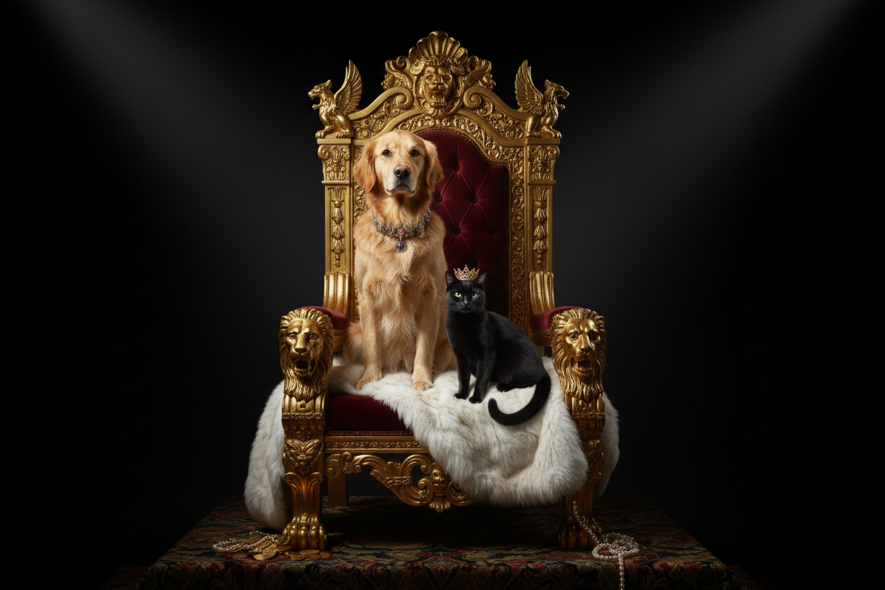 Chien et chat sur un trône doré