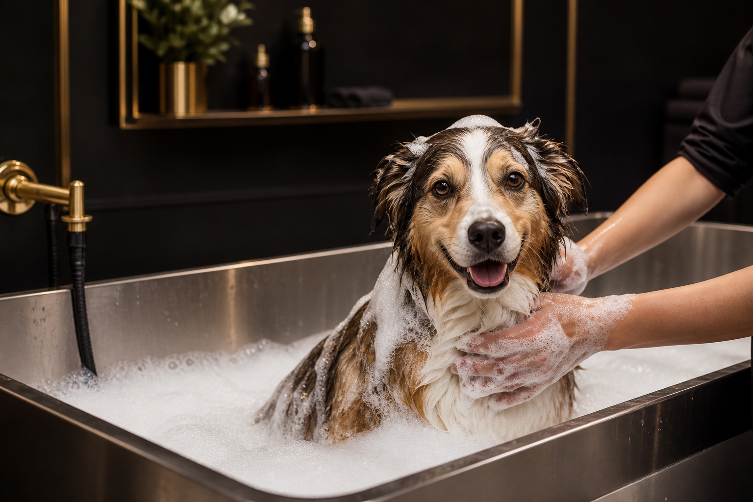 Chien profitant d’un bain à bulles chez Doggy Wash
